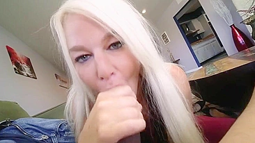 Stunning blonde mom demonstrating her XXX blowjob skills in POV