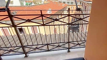 Fuck on a public balcony with superb woman with huge tits